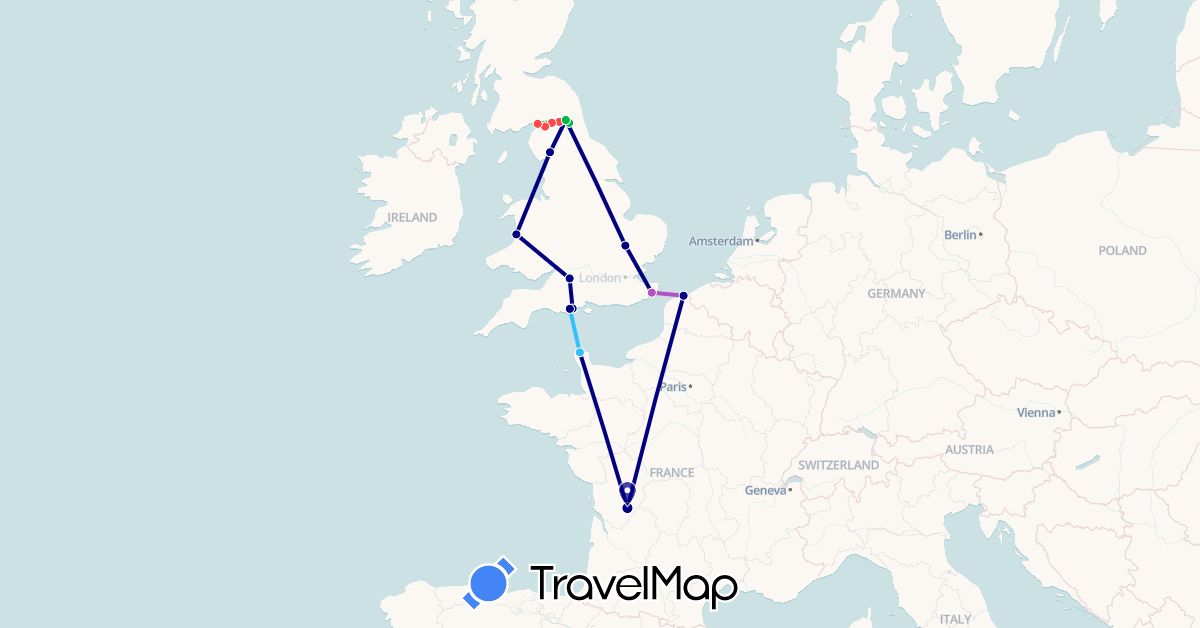 TravelMap itinerary: driving, bus, train, hiking, boat in France, United Kingdom (Europe)
